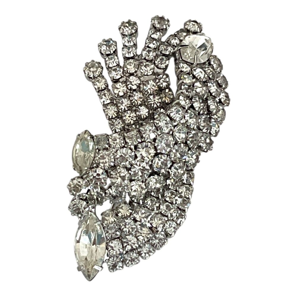 Vintage 1950s Rhinestone Brooch Clear Crystal Navette Silver Tone Pin - 6D